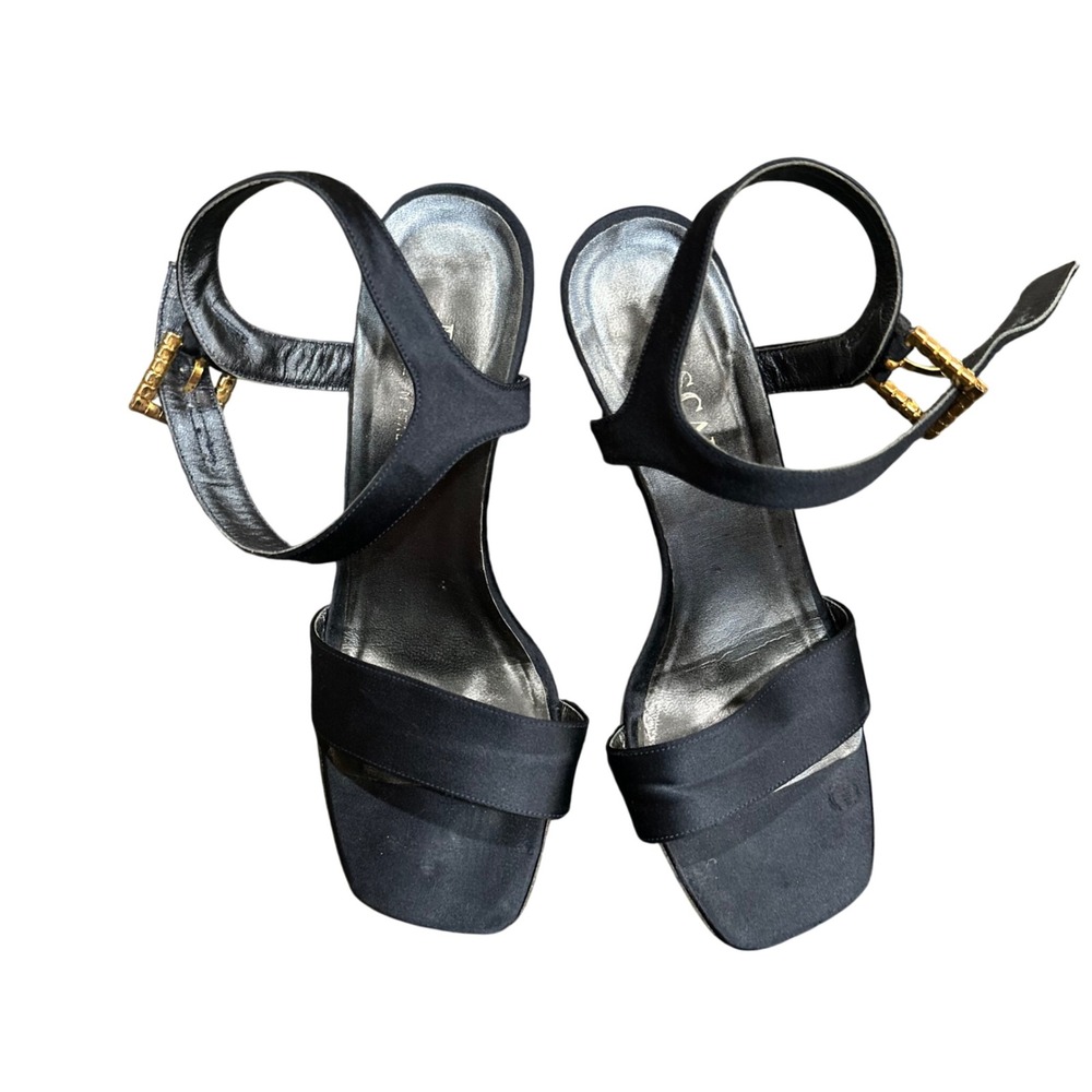 Escada Black Satin Crystal Buckle Ankle Strap Sandals Square Toe Heels 7B Italy